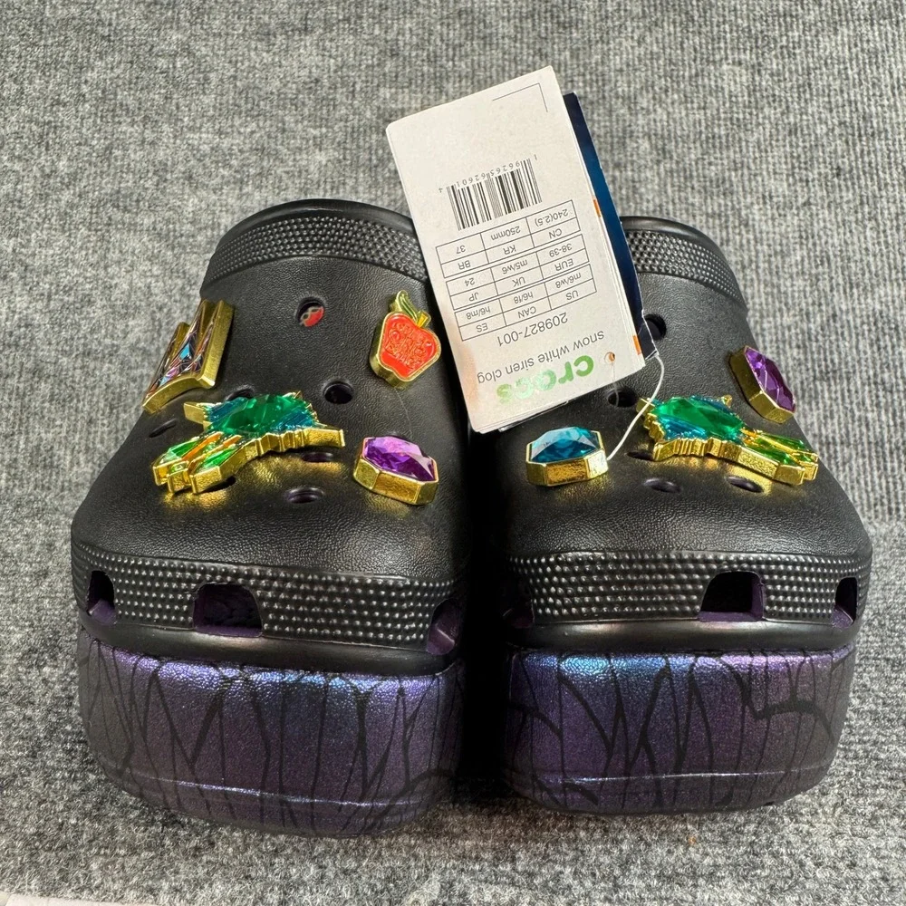 NWT Crocs Disney Snow White Evil Queen Siren Black Purple Platform 209827-001